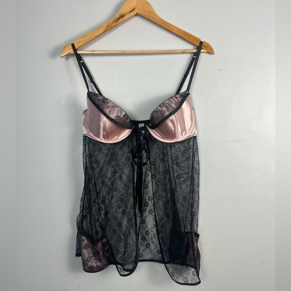 Victorias Secret Pink Satin And Black Lace Pocket Top tie front size 36D - Picture 1 of 7